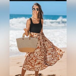 Elegant Brown Tropical Palms Square Neck Midi Dress